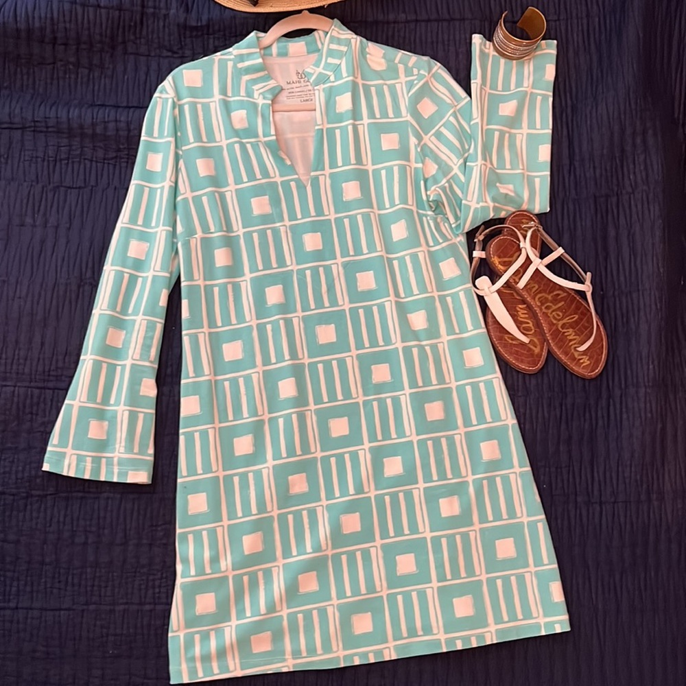 Mahi Gold high quality cotton aqua & white dress  L (runs small, so fits Medium)